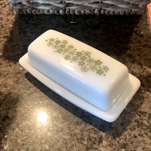 Vintage Pyrex Butter Dish Green flower spring flowers crazy daisy RARE white